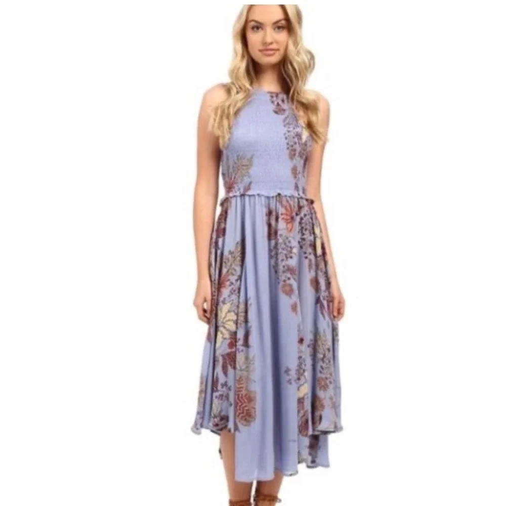Free People Midi Dress Womens Small Blue Floral Smocked‎ Boho Summer
